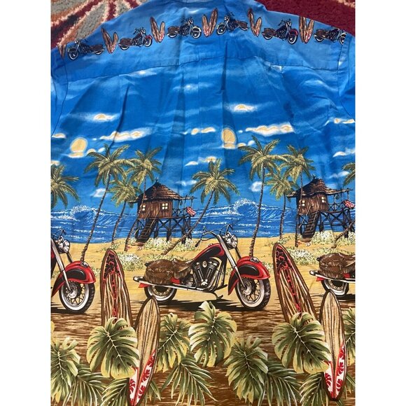 KY's Hawaii Blue Men's XL Hawaiian Shirt Motorcycle Ocean Beach Hut Scene - Picture 4 of 6